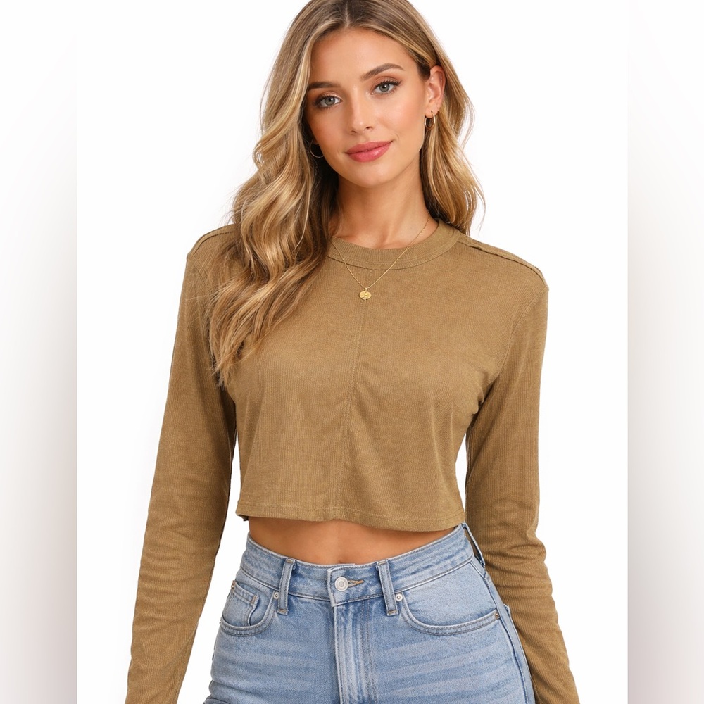 Free People Ribbed Crop Top XS Open Back Cutout Boho Fitted Long Sleeve Brown - Picture 7 of 10